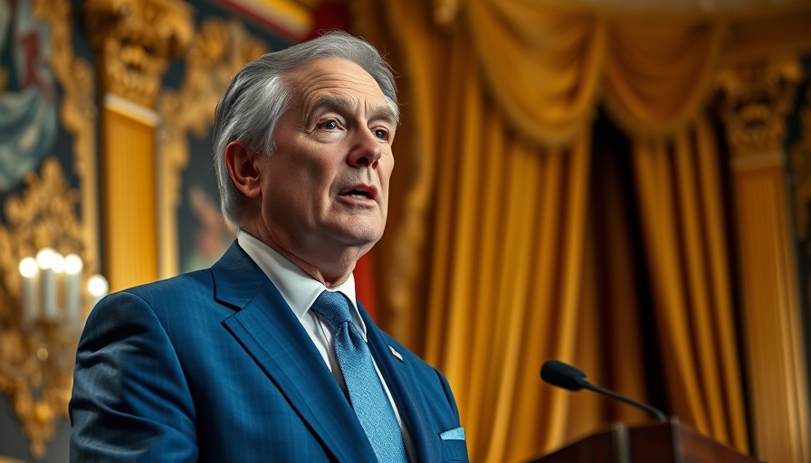 Distinguished man in blue suit speaking at a podium with a serious expression in an ornate interior.