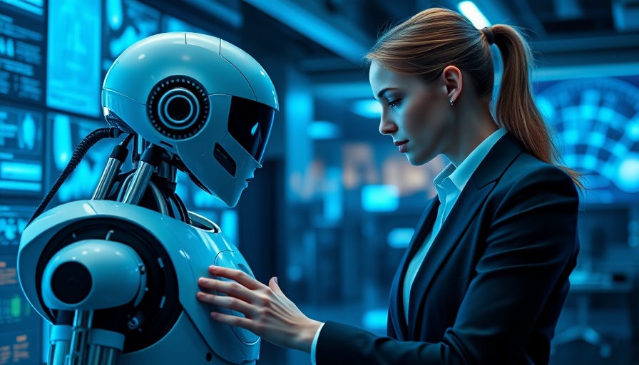 Professional woman and robot discuss Ozak AI presale investment potential in a futuristic setting.