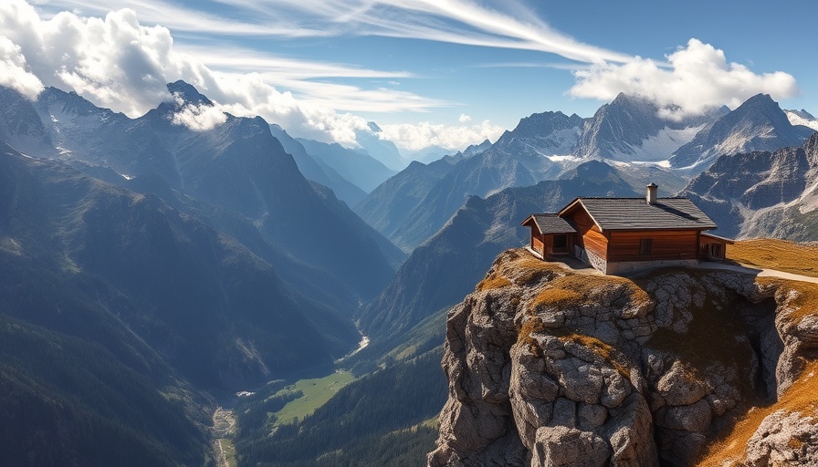 Hiking Rifugio Nuvolau scenic view with mountains and hut.