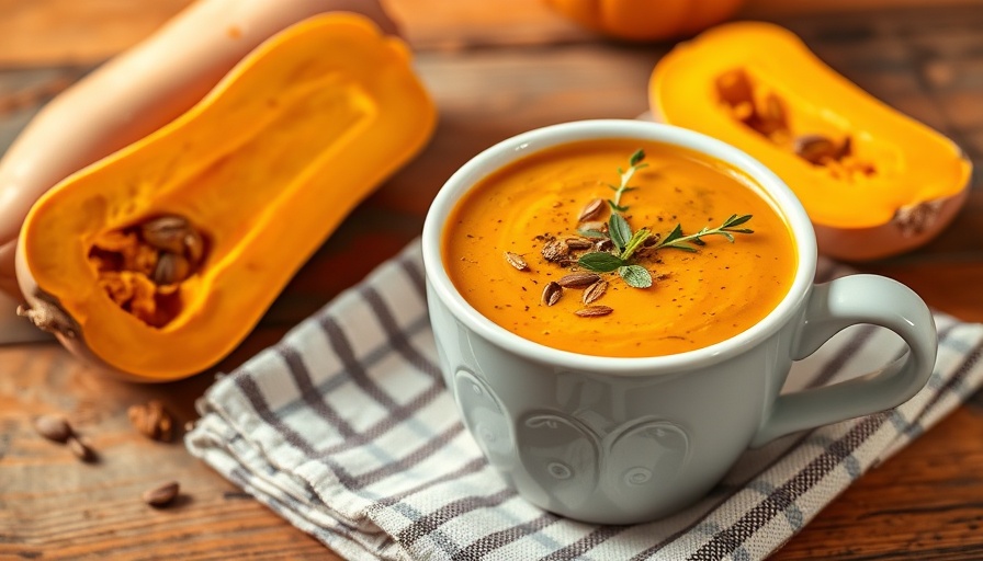 Creamy pumpkin soup in a mug with squash halves, perfect for autumn.