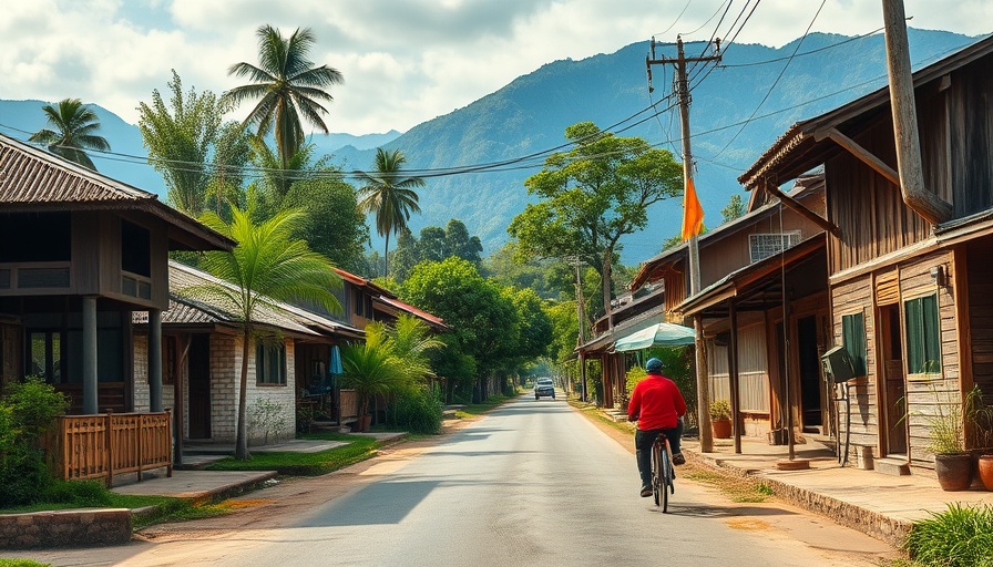 Charming Laos village street with lush mountains, highlighting why Laos is worth visiting.