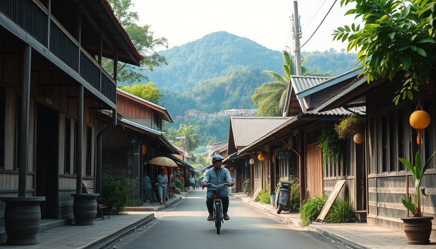 Charming village street in Laos with mountain backdrop, exploring local life.