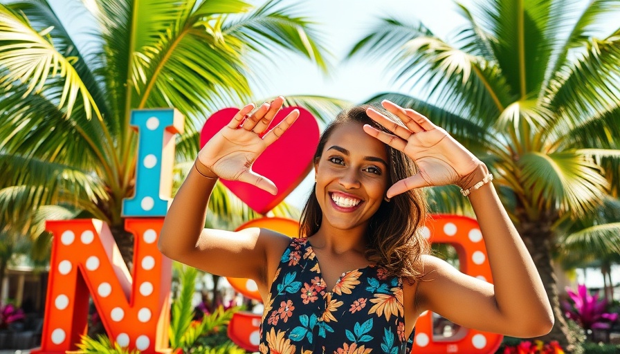 Cheerful woman making heart shape at New Smyrna Beach sign.