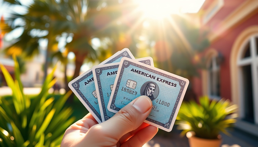 Hand displaying Amex cards in sunny outdoor setting.