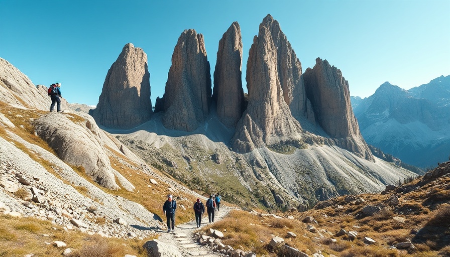 Hiking Vajolet Towers in the Dolomites under clear blue skies.