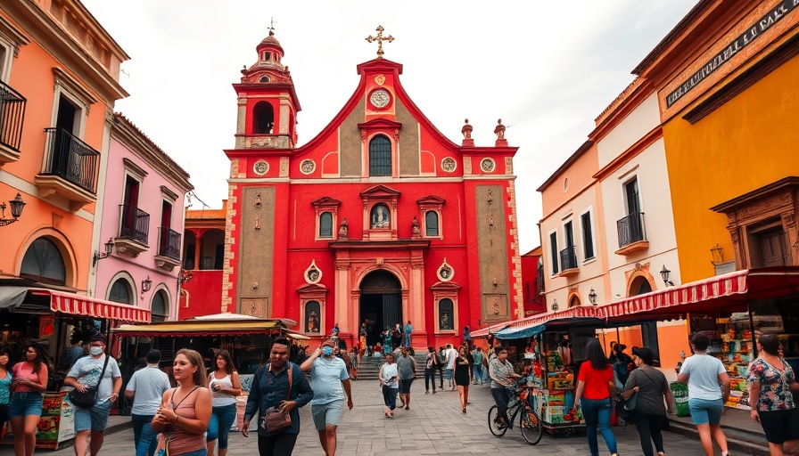 San Cristóbal de las Casas lively street scene in front of colorful church façade.