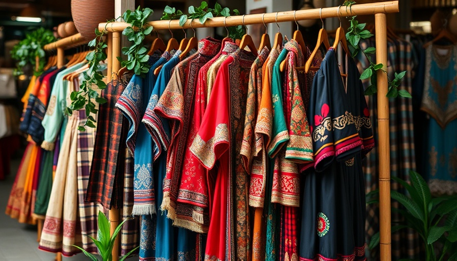 Likhang HABI Market Fair display of handmade traditional clothes on a bamboo rack.
