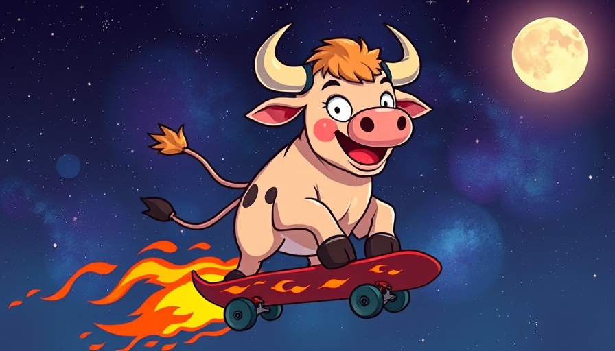 Cartoon bull skateboarding in space for MoonBull Meme Coin Whitelist