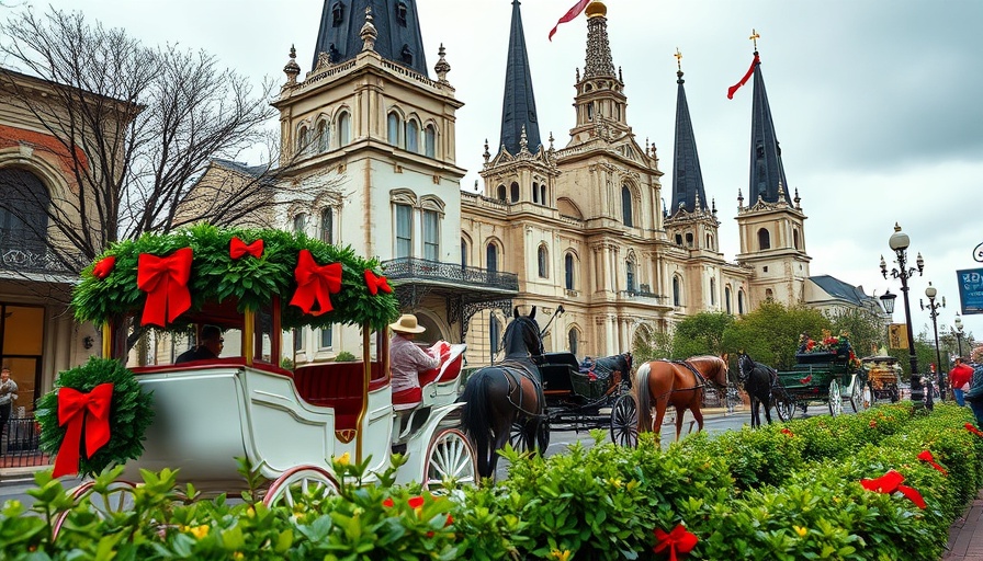 Christmas in New Orleans scene featuring decorated cathedral and carriages