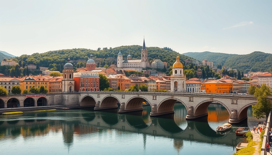 Scenic view of Sarajevo with historic bridge and vibrant architecture.