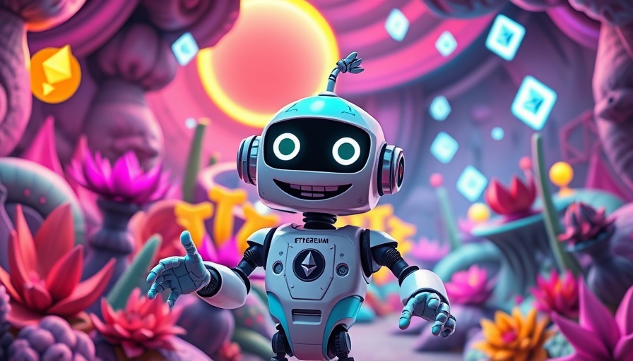 Cartoon robot exploring Ethereum alien landscape, ETH price forecast