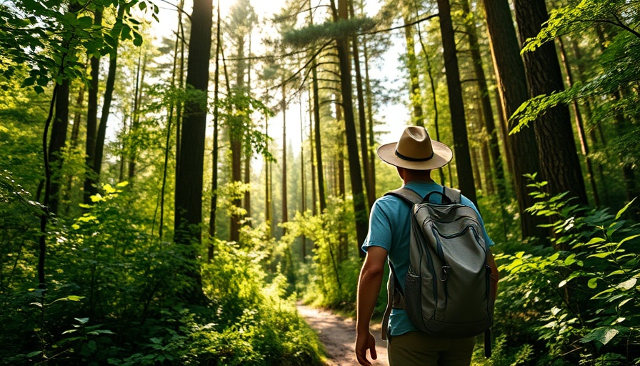 Hiker on a forest trail amid green foliage, showcasing green exercise benefits.