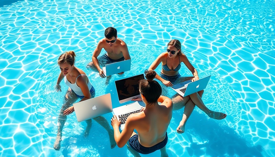 Digital nomads working poolside in a tropical setting.