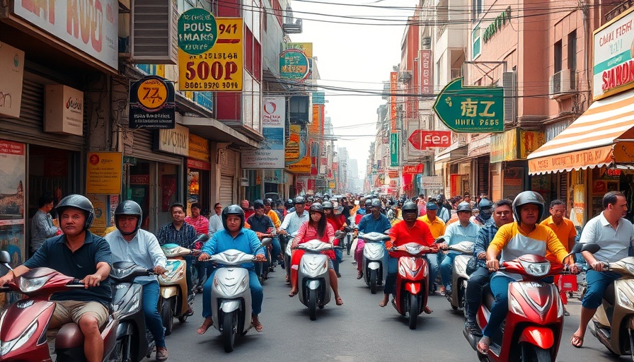 Bustling street in one of the best neighborhoods to stay in Ho Chi Minh City, vibrant atmosphere.