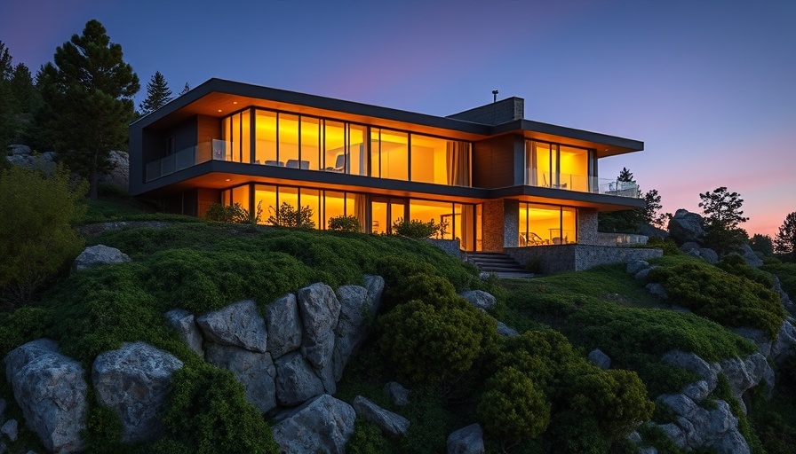 Modern home on rocky hillside at twilight with glowing windows.