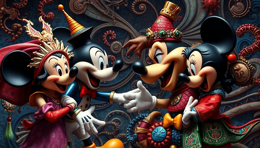 Disney characters in abstract cultural conflict, vibrant and dynamic.