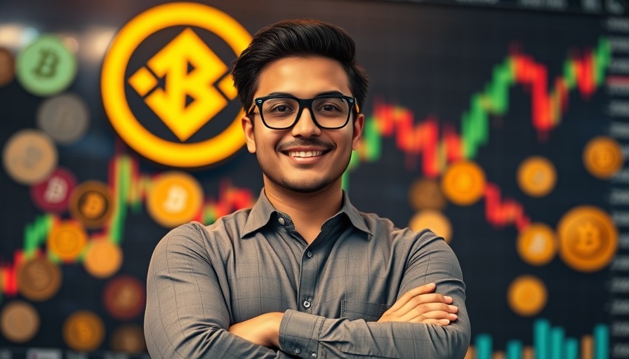 Crypto Investment Opportunities: Smiling individual with Binance logo and digital coins backdrop