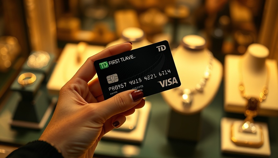 Hand holding TD First Class Travel® Visa Infinite Card before jewelry, highlighting benefits.