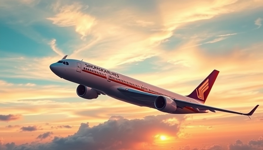 Singapore Airlines plane flying at sunset, sky gradient.