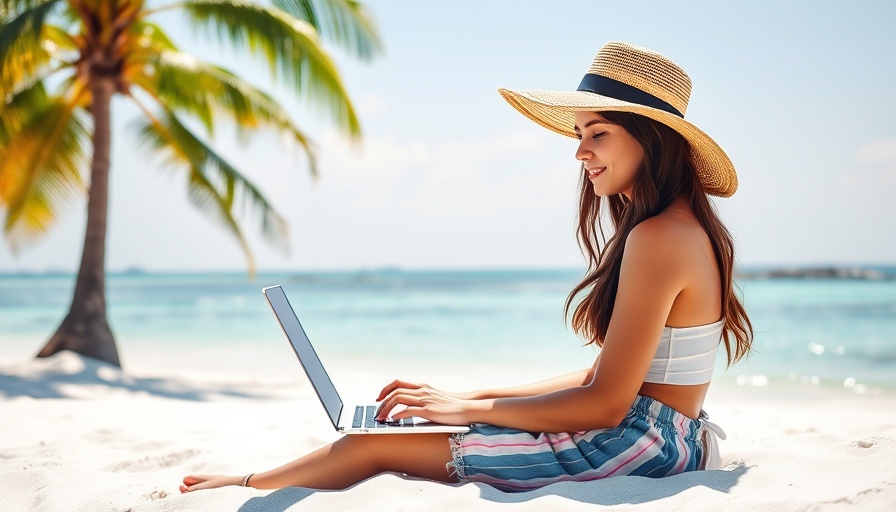 Woman on sunny beach with laptop - Digital Nomad Visa Countries.
