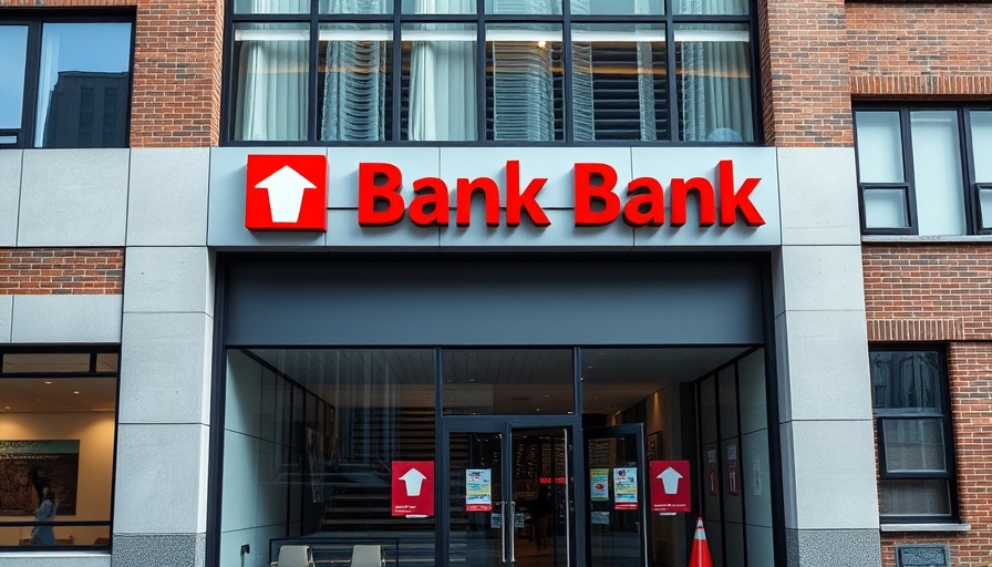 Modern B.C. bank with bold red sign and urban design.