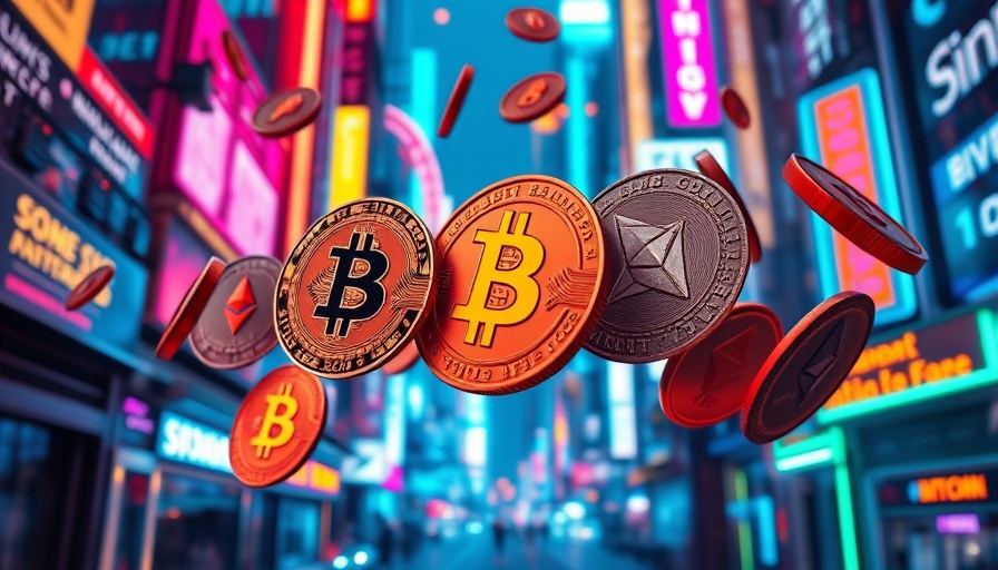 Cryptocurrency market decline today with digital coins floating in vibrant cityscape.