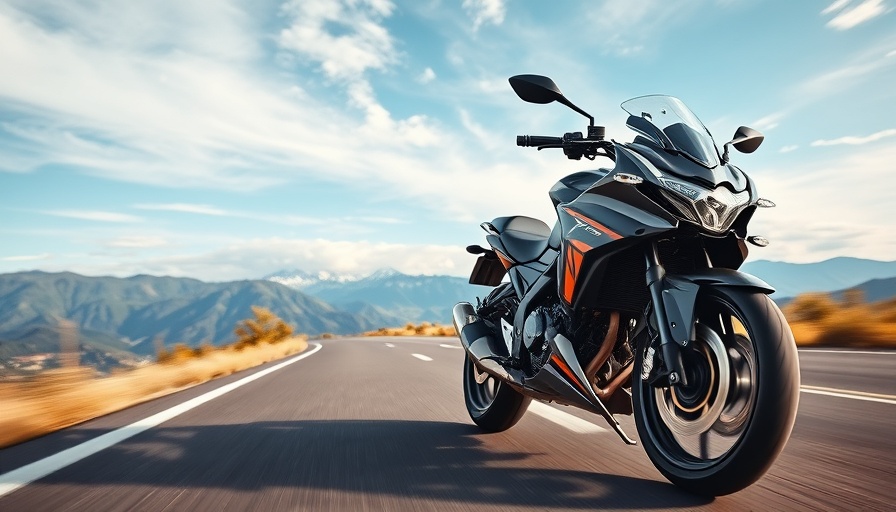 Modern motorcycle on scenic road for a battery road trip