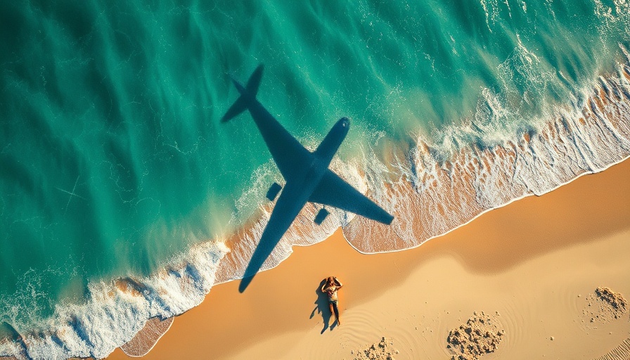 Aerial view of beach with airplane shadow, symbolizing daily direct flights from Mumbai to Bali.