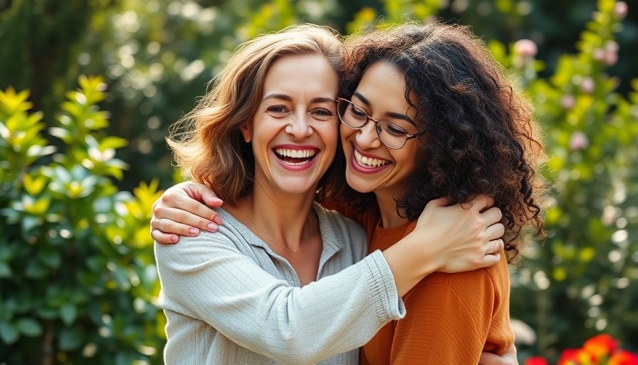 Two women embodying optimism and longevity in a joyful embrace outdoors.