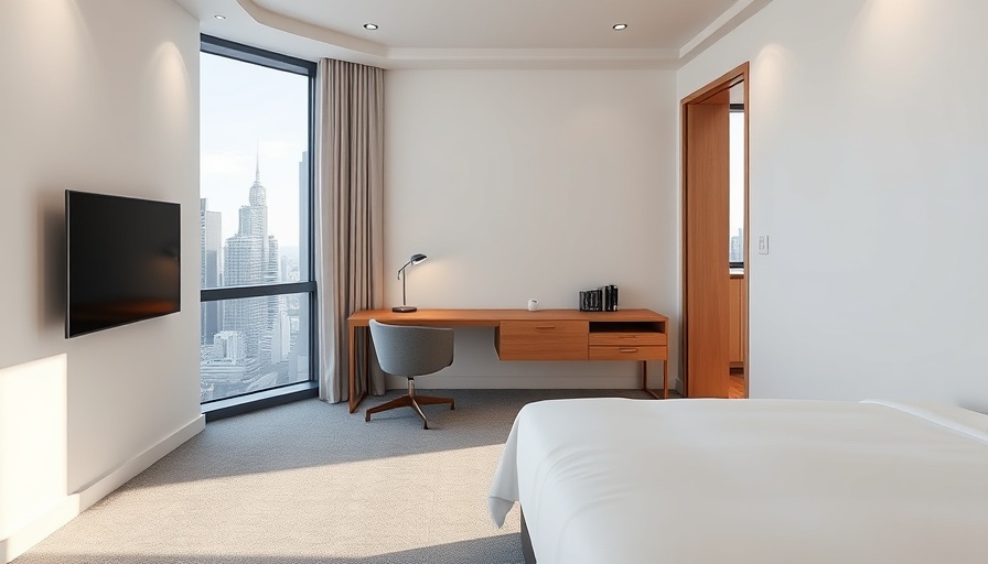 Modern hotel room with city view for Stay Vancouver promotion.