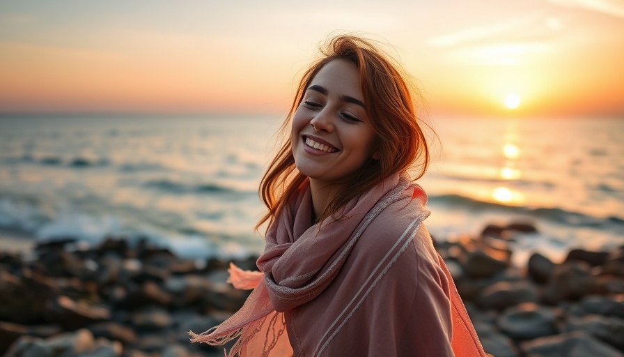 Joyful woman on beach at sunset, illustrating forgiveness health benefits.