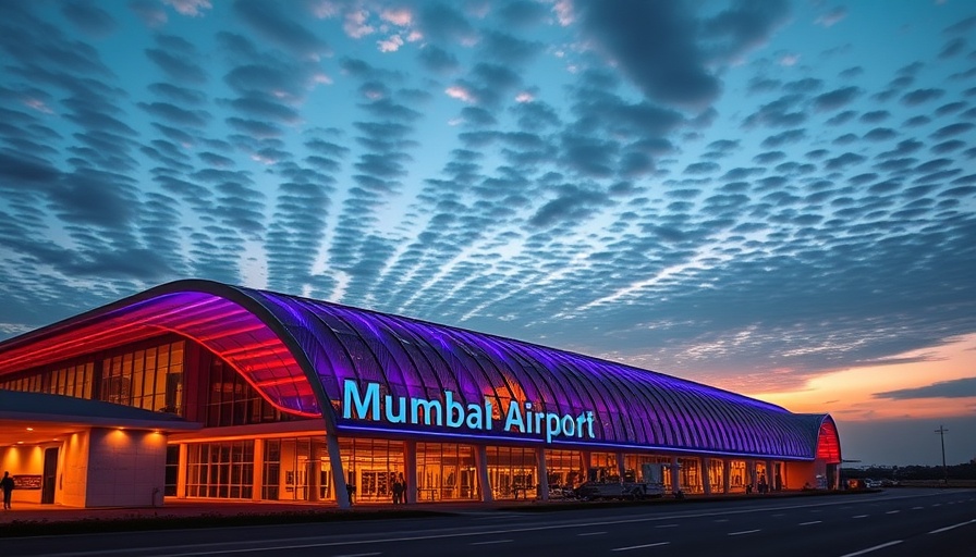 Mumbai Airport International Arrivals terminal at dusk with colorful lighting.