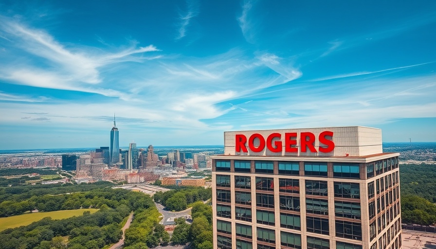 Aerial view of Rogers building with city skyline, Rogers Mastercard vs. Rogers World Elite Mastercard.