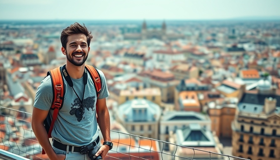 Smiling traveler in Europe with cityscape view.