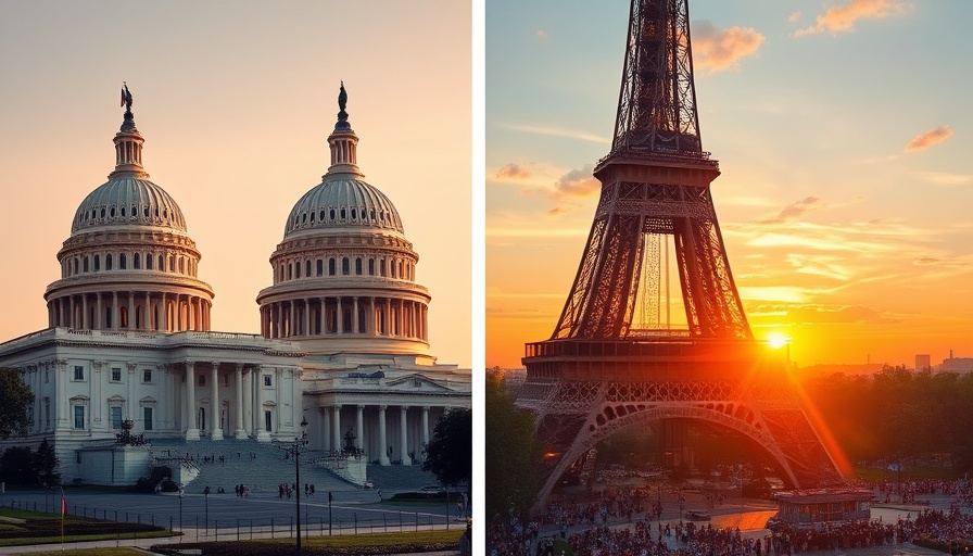 Travel stereotypes: US Capitol and Eiffel Tower landmarks.
