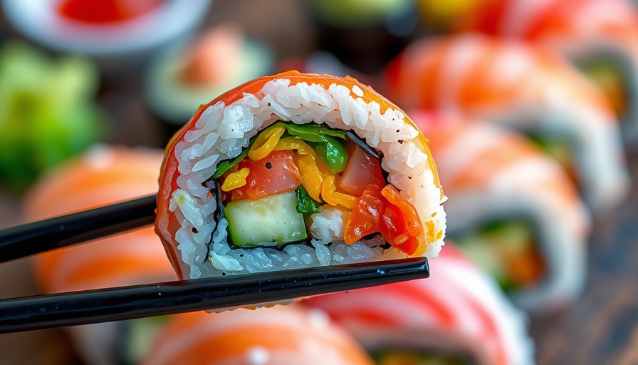Vegan sushi platter detail in Japan, vibrant colors.