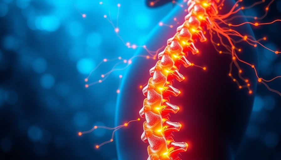 Glowing spinal cord with neural signals symbolizing regeneration via Polylaminin.