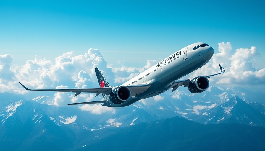 Air Canada plane in flight with snow-capped mountain backdrop.