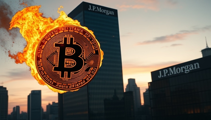 Dramatic image of Bitcoin crashing near J.P. Morgan building, symbolizing potential price surge.