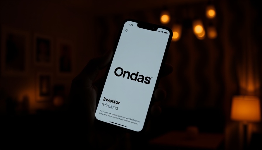 Ondas Holdings logo on phone in investor page backdrop.