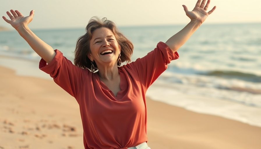 Joyful woman over 40 at the beach, symbolizing protein intake benefits.