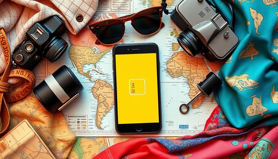 Flat lay of travel essentials with a smartphone displaying eSIM.