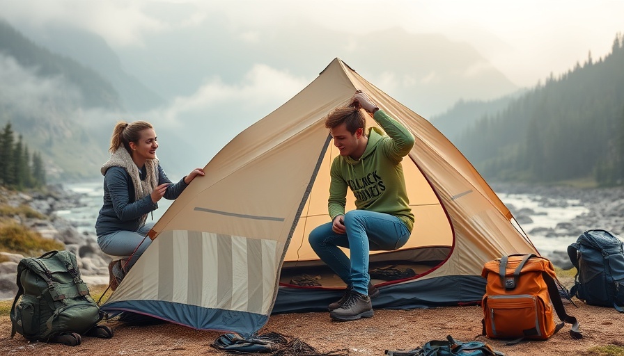 Preparing for an adventure-focused trip by setting up a tent by a riverbank.