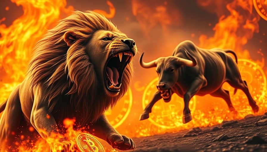 Fiery Bitcoin symbols with lion and bull, representing Bitcoin price all-time high.
