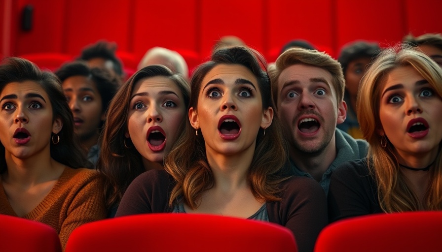Friends reacting to horror movie clichés in a theater, expressive and surprised.