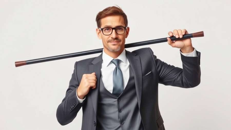 Confident man in a suit holding a pole, VAT registration threshold UK concept.