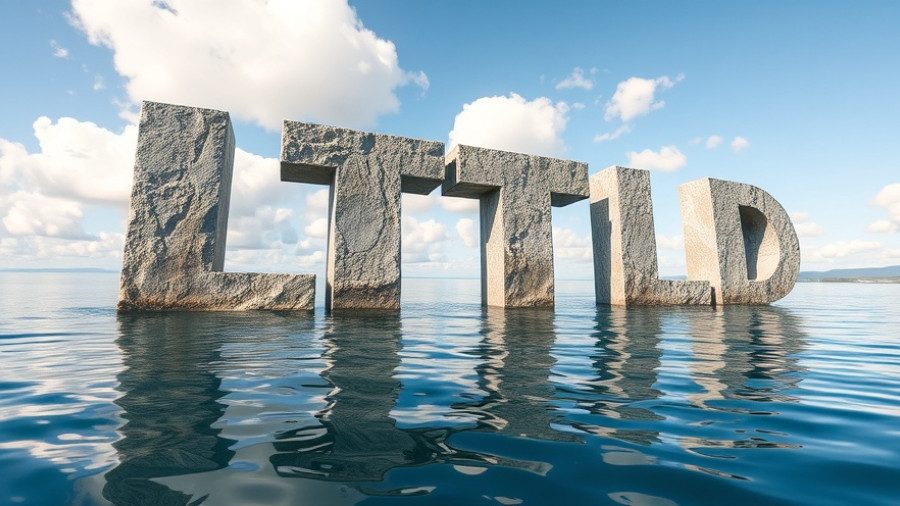 Stone 'LTD' letters in water signifying limited company advantages.