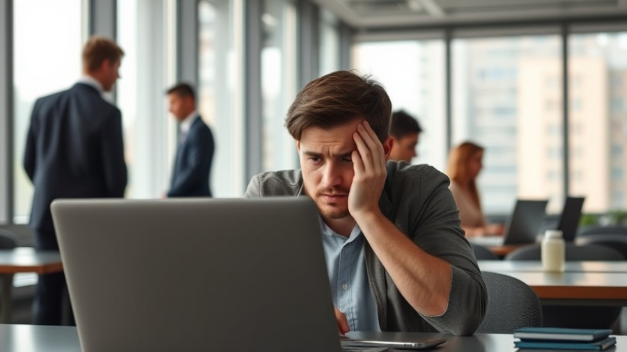 Stressed young man in office, illustrating addiction in the workplace.