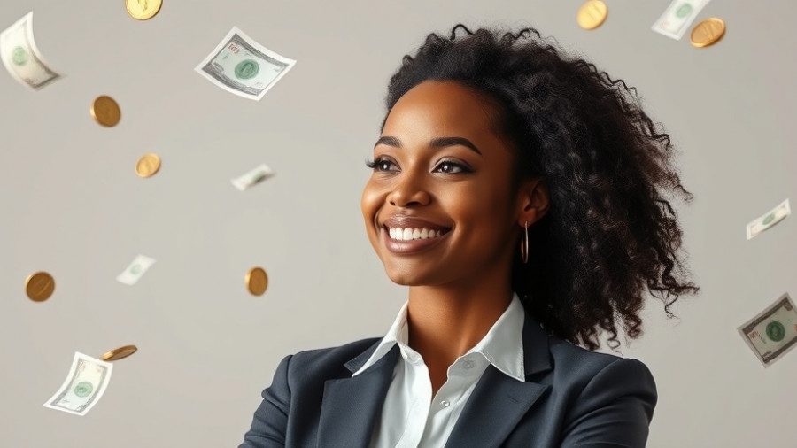 Confident businesswoman surrounded by currency notes, small business finance success.