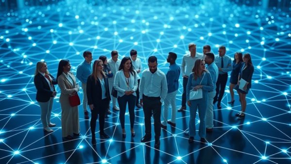 Diverse professionals on a digital grid, symbolizing ways to get better at networking.